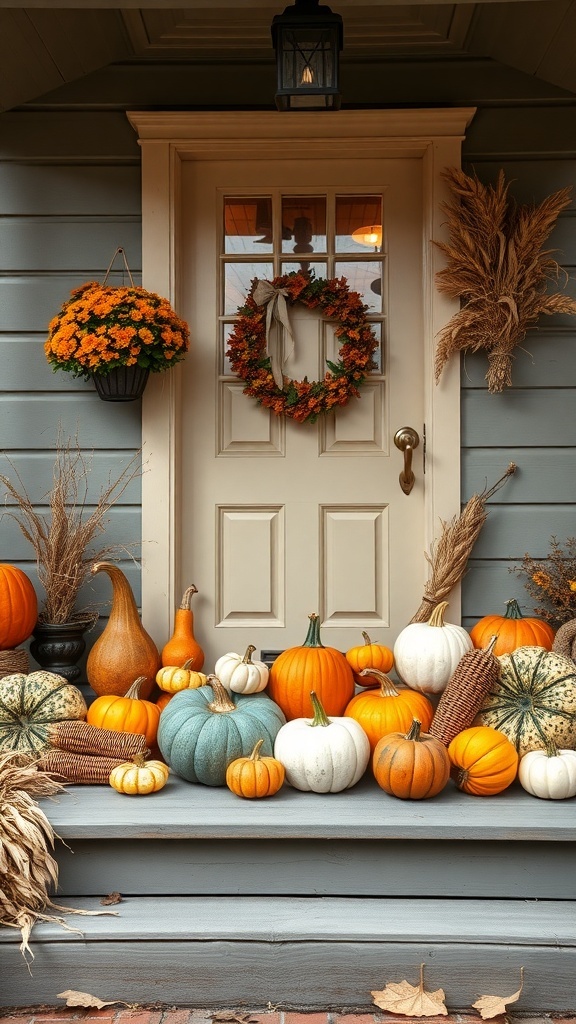 A cozy fall front porch decorated with various pumpkins, gourds, and corn stalks, featuring a wreath and potted flowers.