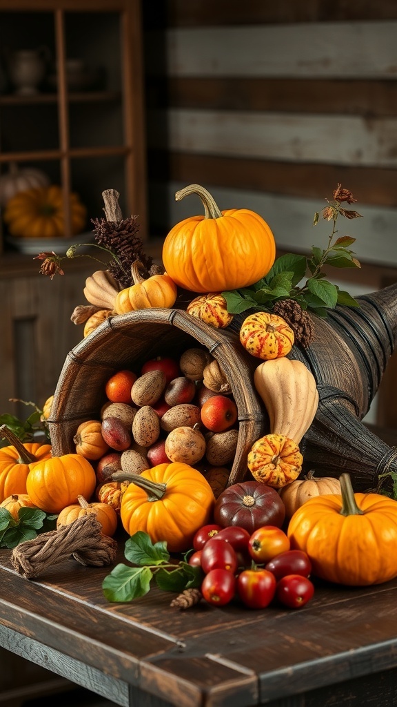 A cornucopia filled with various gourds, pumpkins, and apples, arranged on a wooden table.