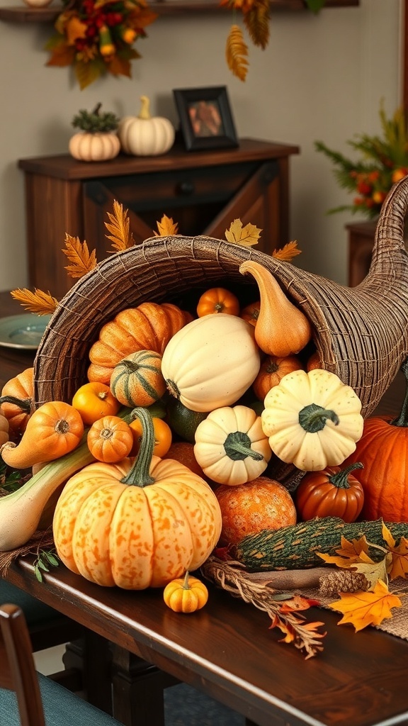 A cornucopia filled with various gourds and pumpkins on a table.