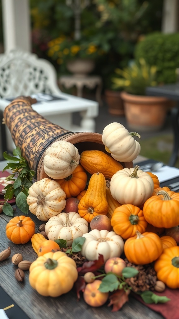 A cornucopia filled with various gourds and pumpkins, set on a wooden table with natural elements.