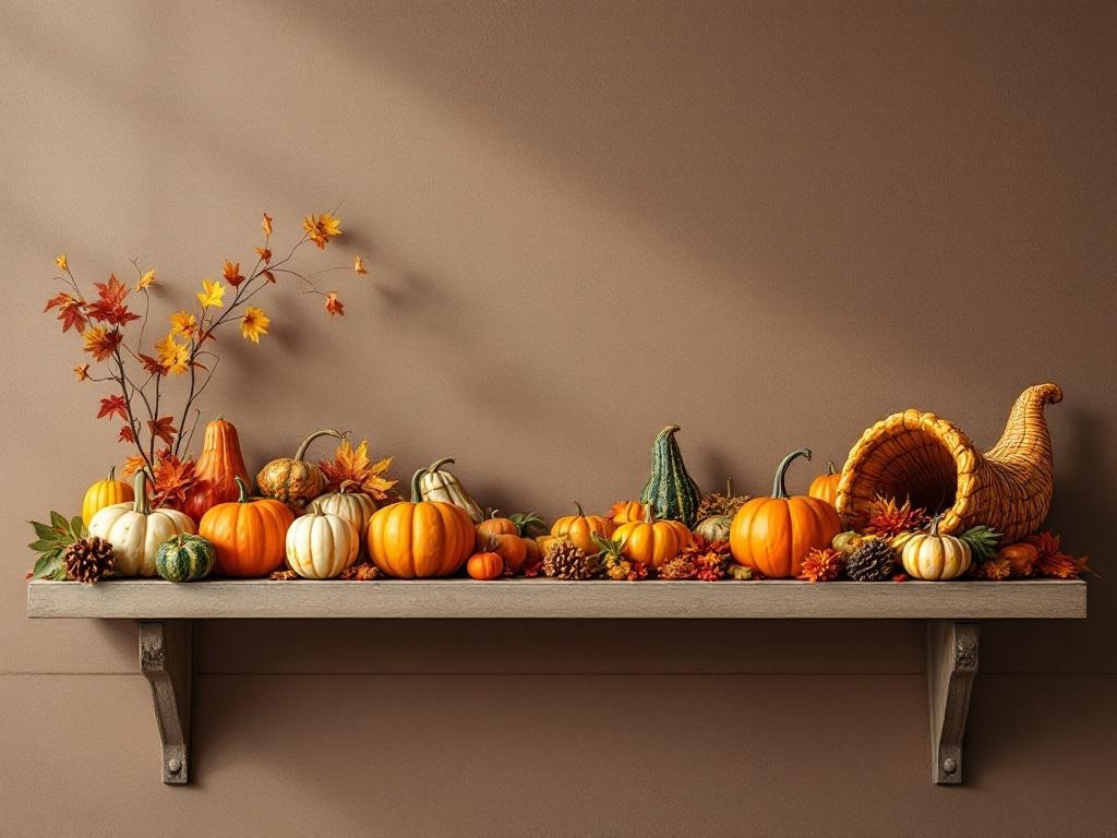 A shelf decorated with pumpkins, gourds, and autumn leaves, featuring a cornucopia.