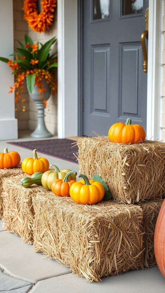 A front door decorated with hay bales and pumpkins, showcasing fall decor.
