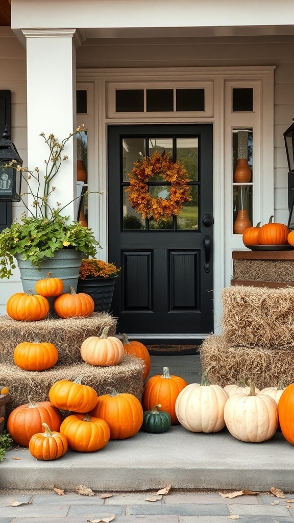 A farmhouse porch decorated with pumpkins and hay bales for Halloween.