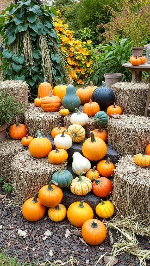 A display of colorful pumpkins and gourds arranged on hay bales in a garden setting.