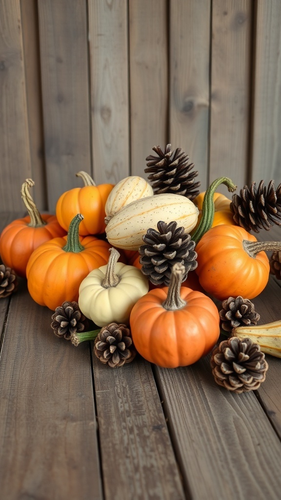 A collection of colorful gourds and pinecones arranged on a wooden surface.