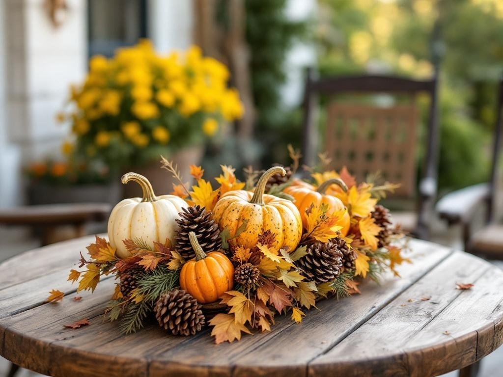 A beautiful Thanksgiving centerpiece featuring pumpkins, pinecones, and autumn leaves on a wooden table.