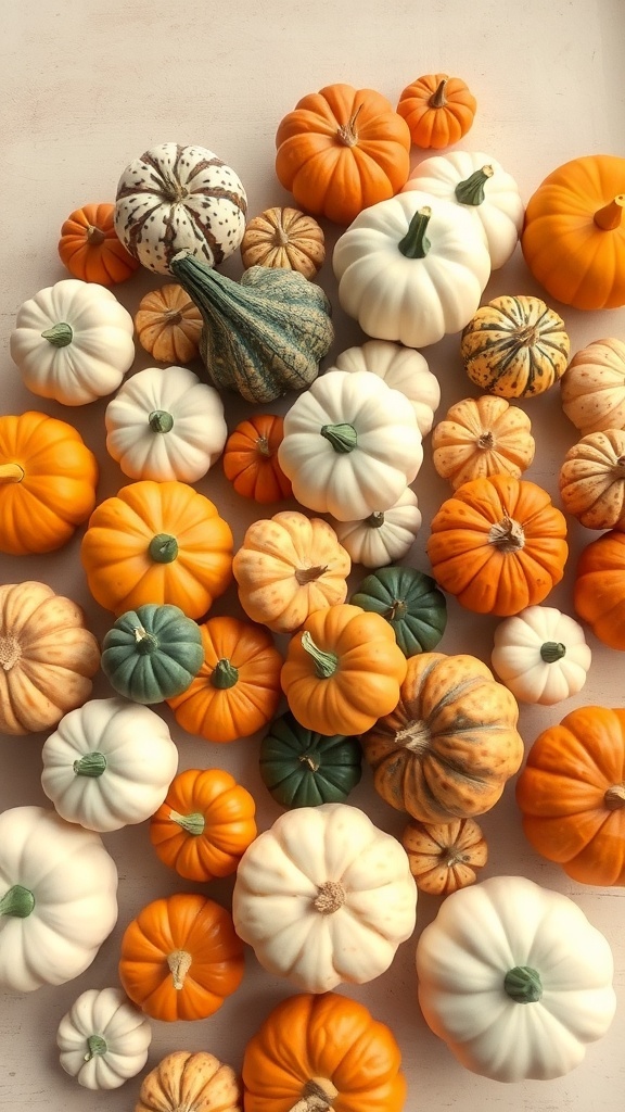 A colorful assortment of gourds and pumpkins in various shapes and sizes.