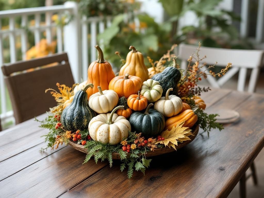 A beautiful arrangement of colorful gourds and squashes in a basket on a wooden table.