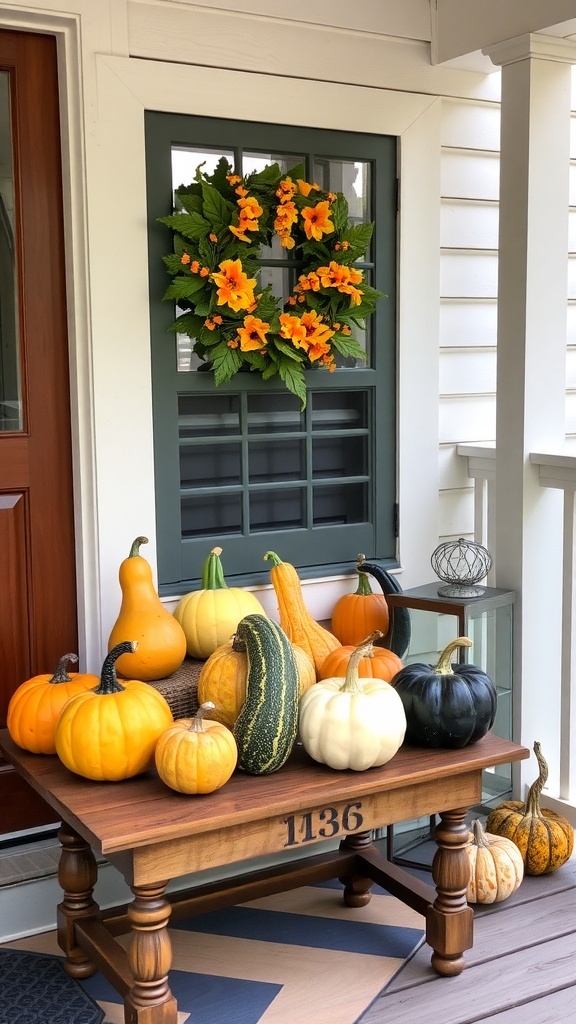 A cozy fall porch decorated with various gourds, pumpkins, and yellow flowers on a wooden table.