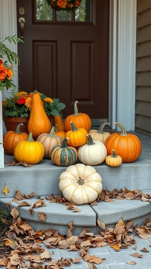 A collection of pumpkins in various colors and sizes displayed on steps, surrounded by fallen leaves and potted flowers.