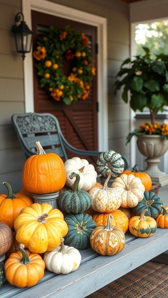 A beautiful display of various gourds and pumpkins on a porch, showcasing fall decorations.