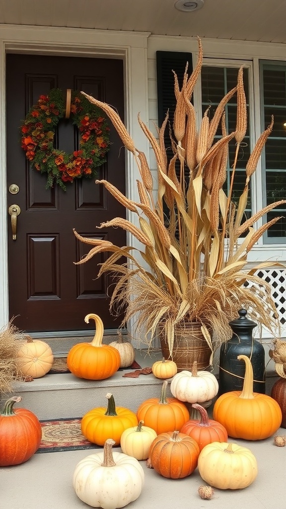 A front porch decorated for fall with pumpkins, gourds, and corn stalks.
