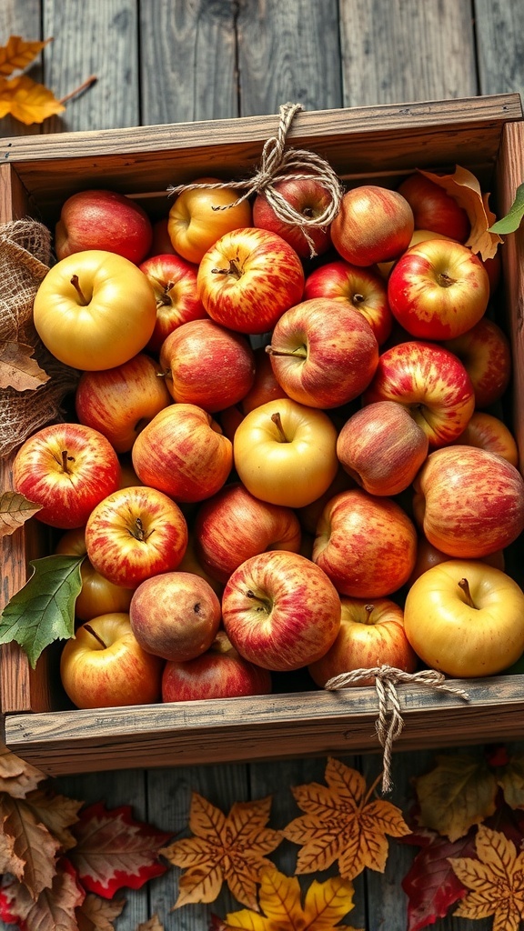 A wooden crate overflowing with various apples surrounded by autumn leaves.