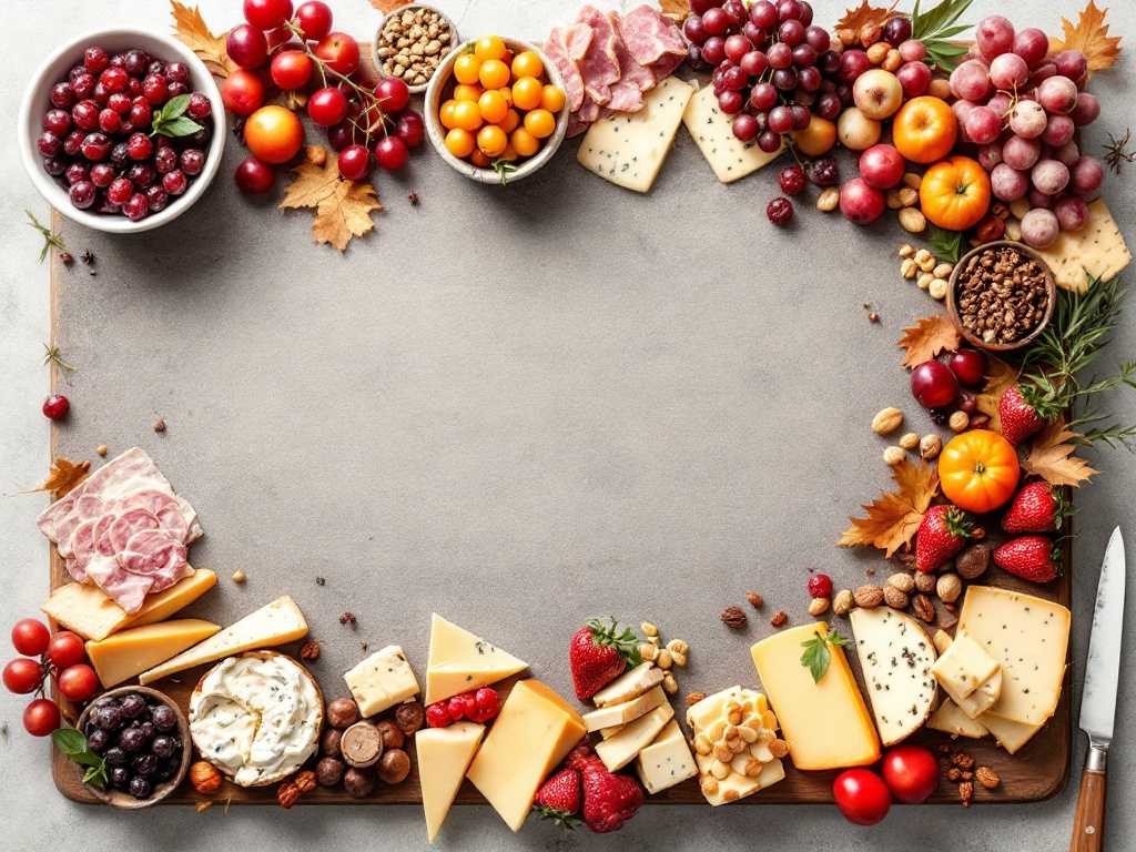 A gourmet cheese and charcuterie board featuring various cheeses, cured meats, fresh fruits, nuts, and crackers, arranged beautifully on a wooden platter.