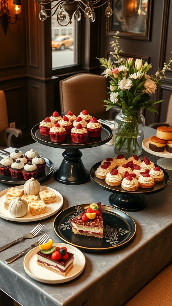 A gourmet dessert display featuring cupcakes, cakes, and sweet treats on elegant plates.