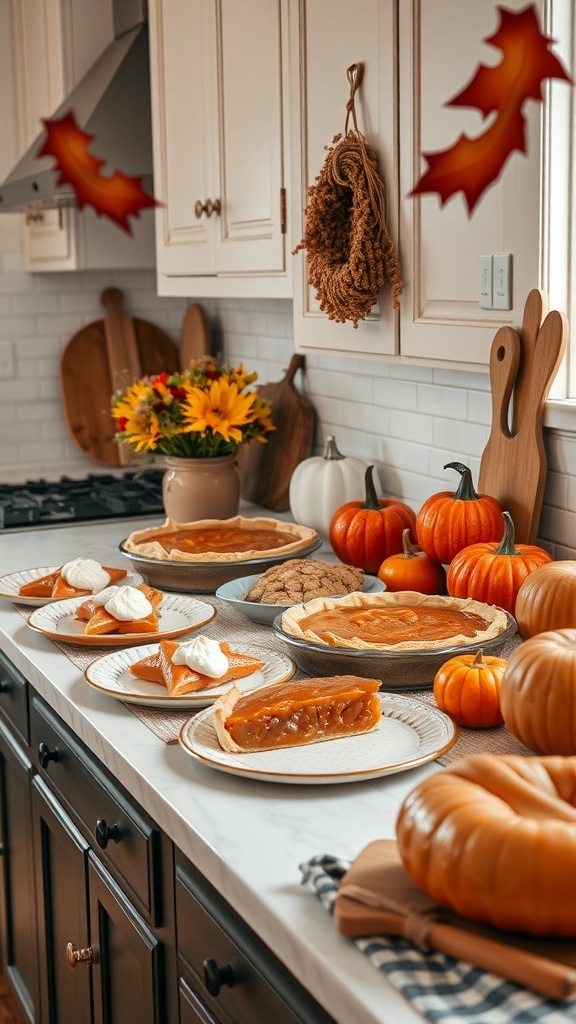 A cozy kitchen display of gourmet fall treats including pumpkin pies, cookies, and decorative pumpkins.