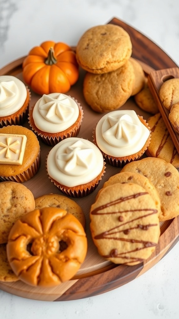 A wooden platter filled with various pumpkin spice treats, including cupcakes, cookies, and a small pumpkin.