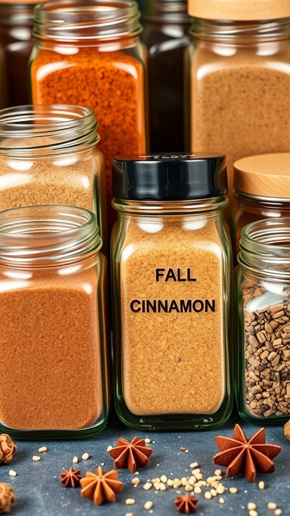A collection of gourmet spice jars filled with fall spices like cinnamon and nutmeg, beautifully labeled and organized.