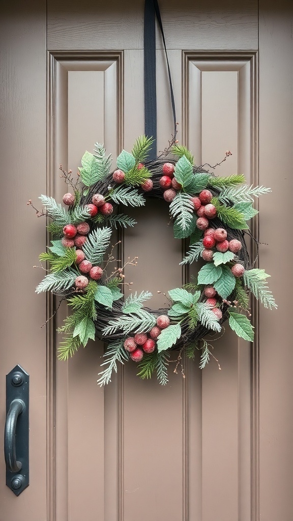 A grapevine wreath adorned with frosted berries and greenery, hanging on a door.