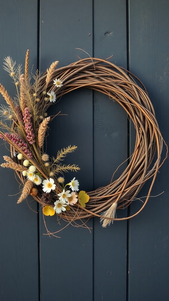 A grapevine wreath decorated with dried flowers, showcasing a rustic fall theme.