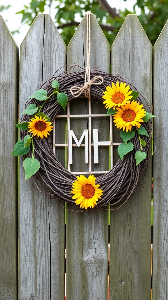 A grapevine wreath adorned with sunflowers and green leaves, hanging on a wooden fence.