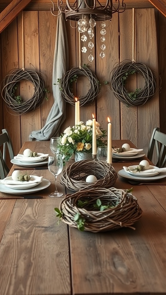 Rustic table decor featuring grapevine wreaths and candles.