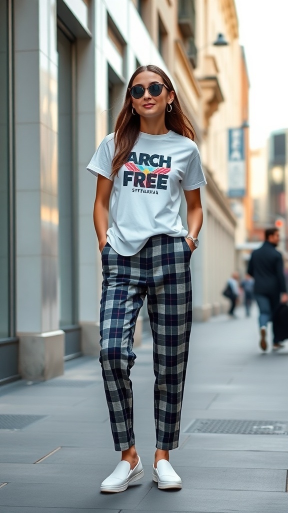 A person wearing a graphic tee with bold text and plaid pants, standing on a city street.