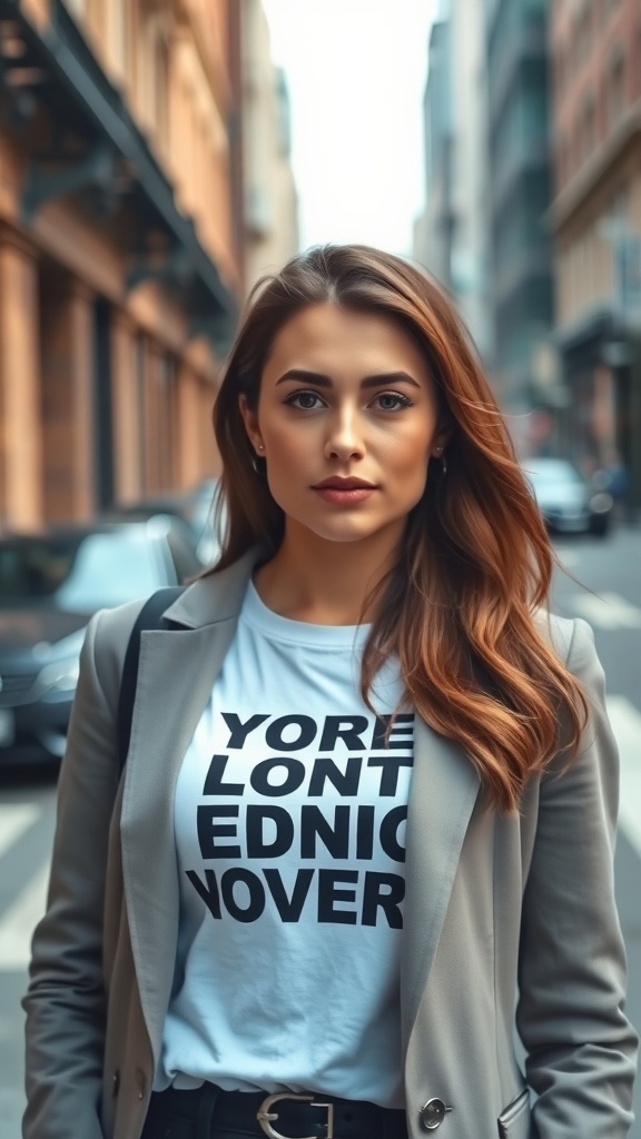 A woman wearing a graphic tee and tailored blazer, standing in an urban setting.