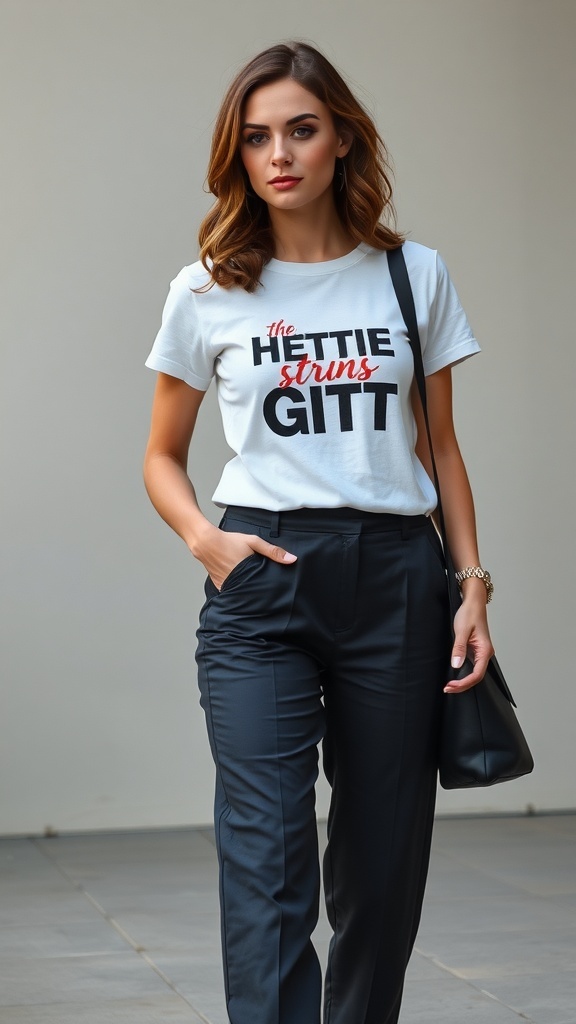 A woman wearing a graphic tee and tailored trousers, showcasing a business casual outfit.