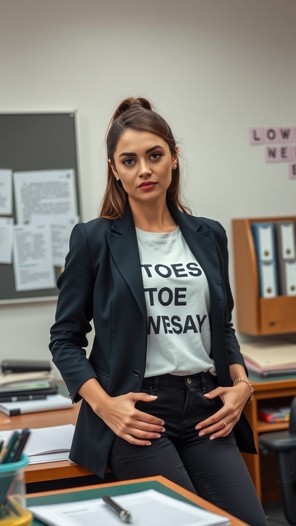 A woman wearing a graphic tee and a blazer in an office setting.