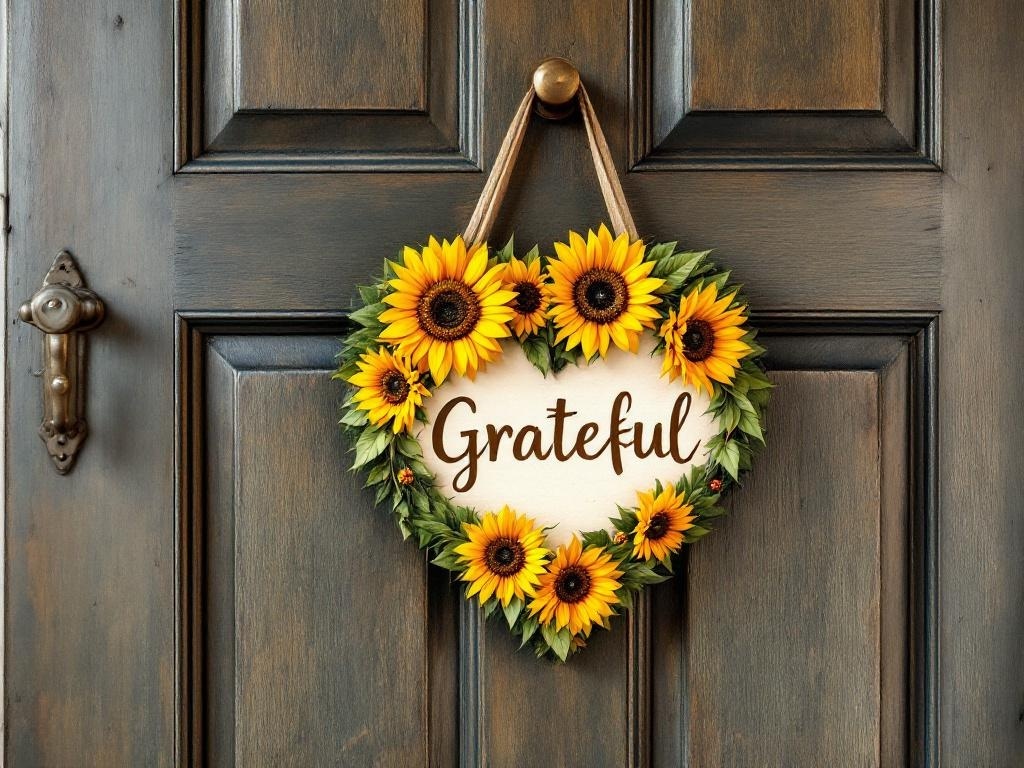 A door hanger with the word 'Grateful' surrounded by sunflowers, hanging on a wooden door.
