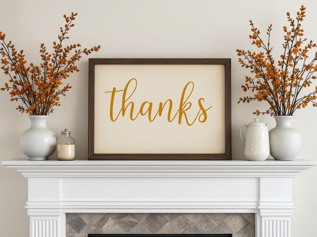 A mantel decorated with a framed 'thanks' art piece and autumn branches in vases.