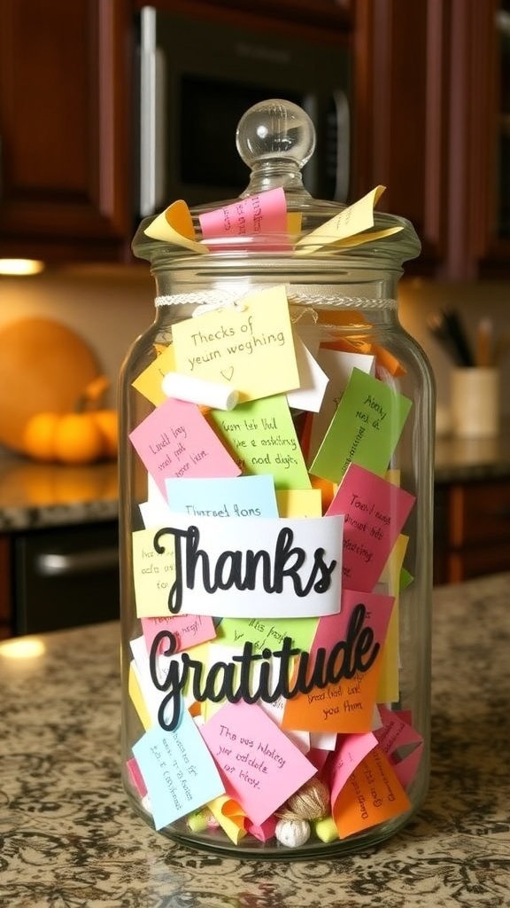 A clear jar filled with colorful notes expressing gratitude, decorated with small items.