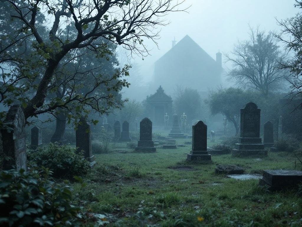 A misty graveyard scene with tombstones and eerie trees