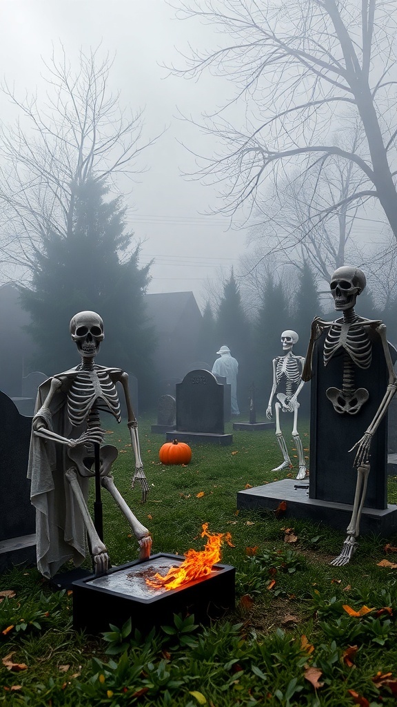 A foggy graveyard scene with a skeleton and tombstones in a yard