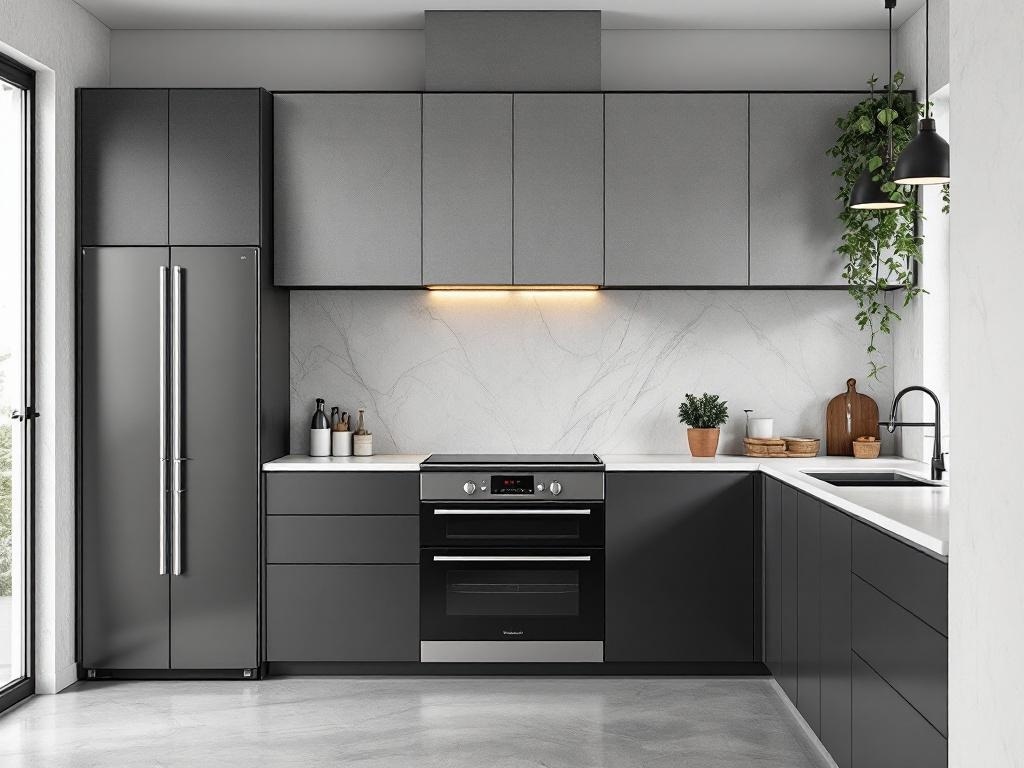 Modern kitchen with gray and black color scheme, featuring sleek cabinetry and appliances.