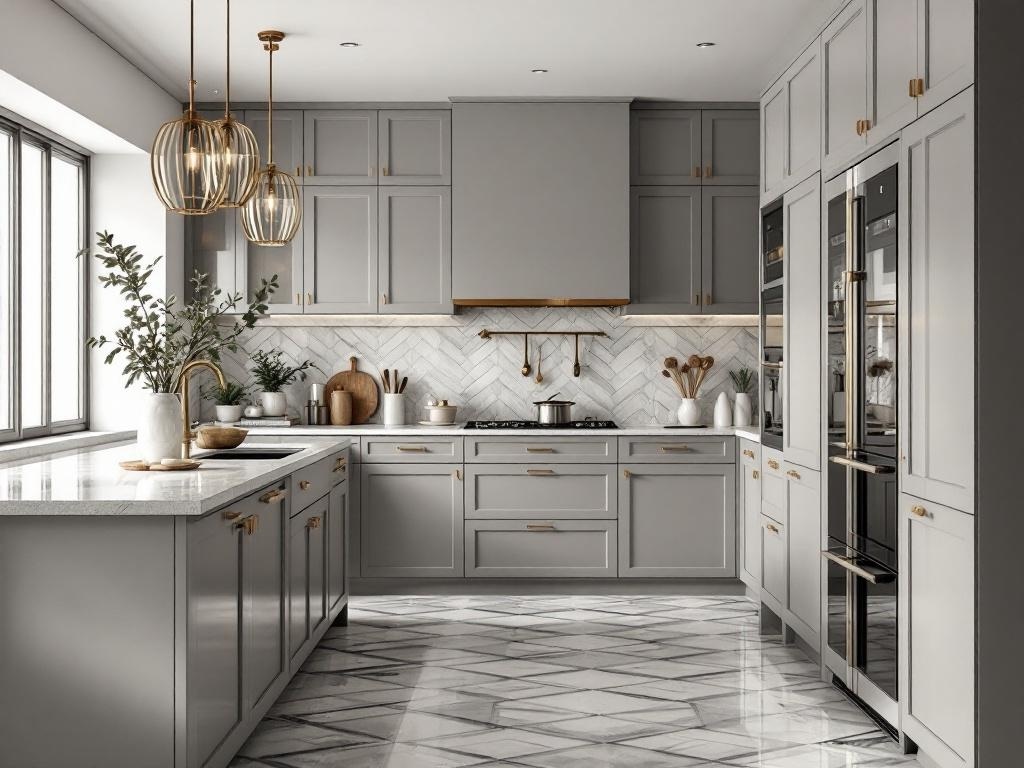 A modern gray kitchen with gold accents, featuring gray cabinetry, gold hardware, marble countertops, and a herringbone backsplash.