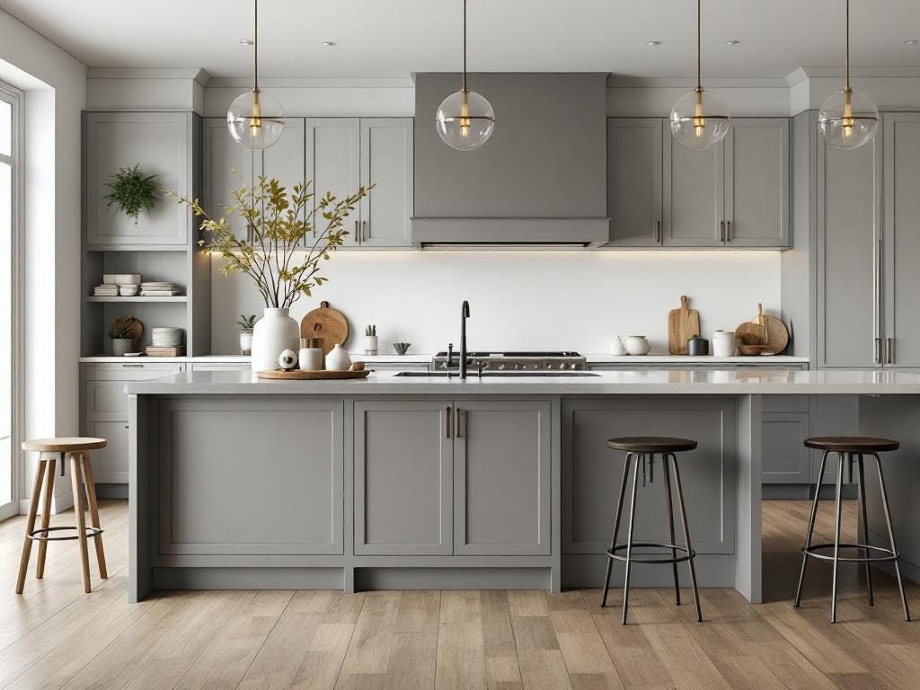 A modern gray kitchen island with wooden stools and decorative items.