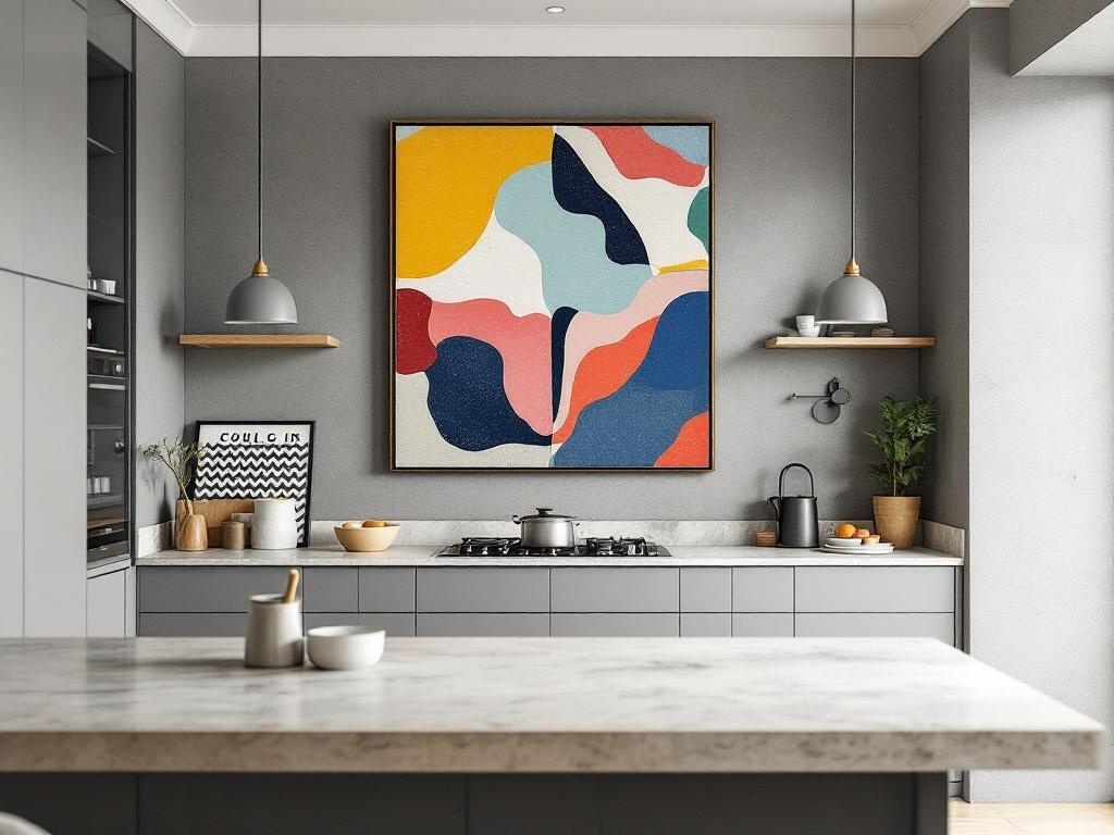 A modern gray kitchen with bold abstract artwork on the wall