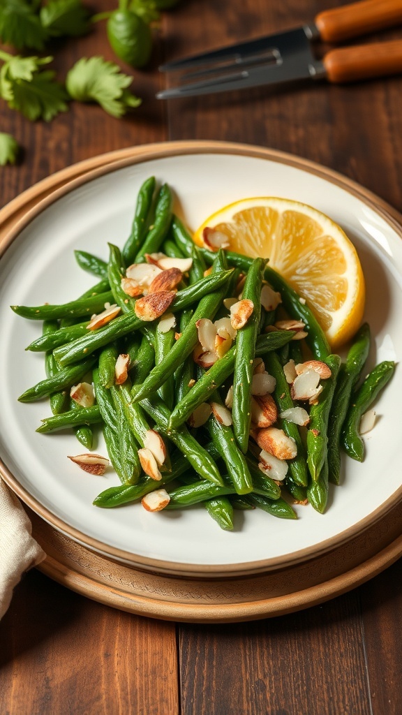 A plate of green bean almondine with sliced almonds and a lemon wedge