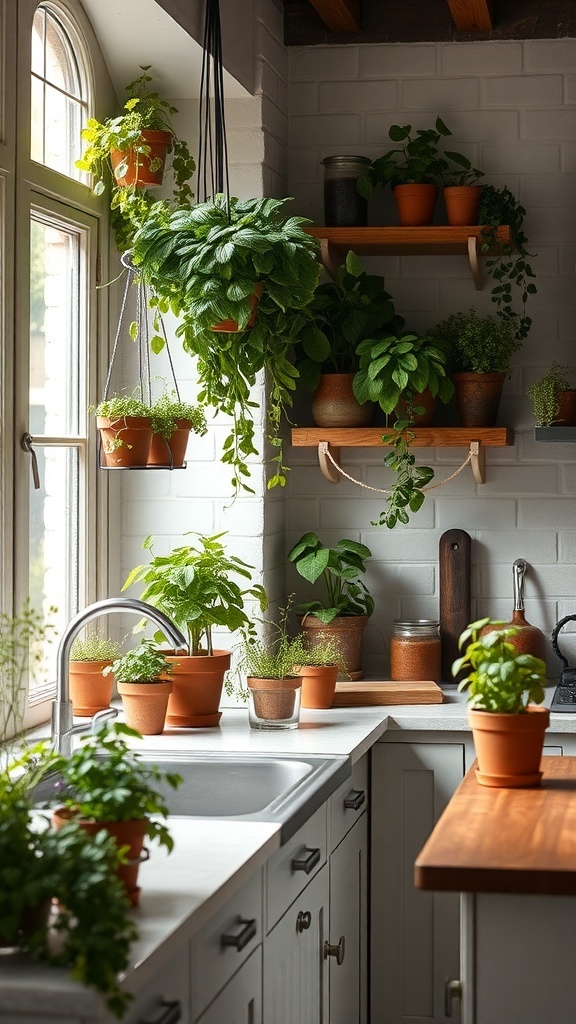 A modern rustic kitchen filled with potted herbs and greenery.