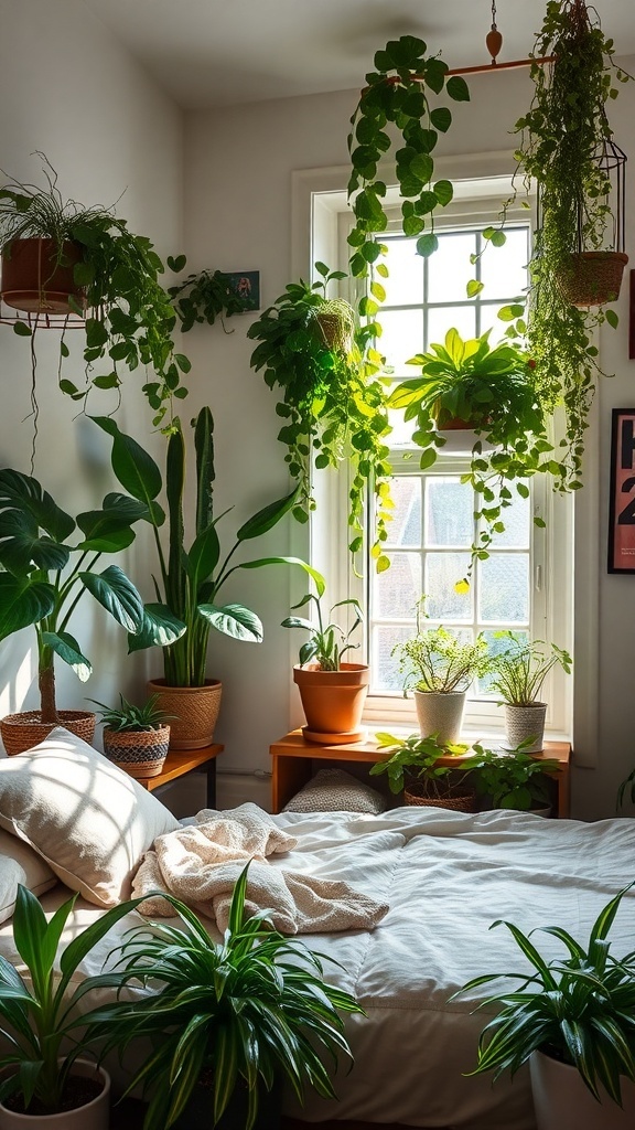 A cozy farmhouse bedroom filled with various indoor plants, featuring a bed with soft linens and sunlight streaming through the window.