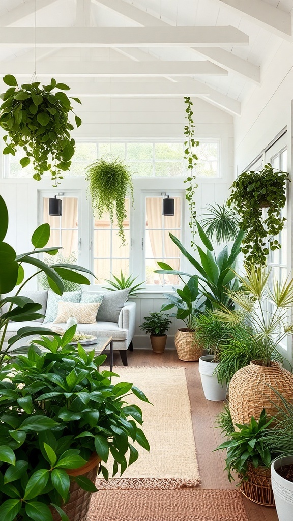 A bright room filled with various indoor plants, showcasing a cozy seating area.