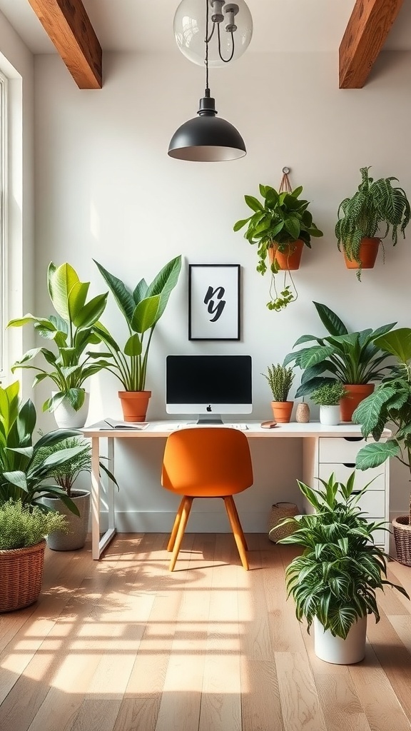 A modern farmhouse office with various indoor plants, a desk, and an orange chair.