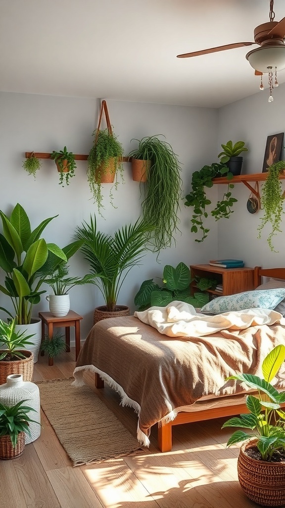 A cozy modern rustic bedroom filled with various indoor plants and greenery.