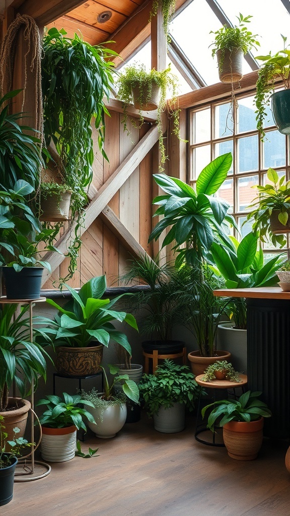 A cozy corner filled with various indoor plants in pots, showcasing a rustic design.