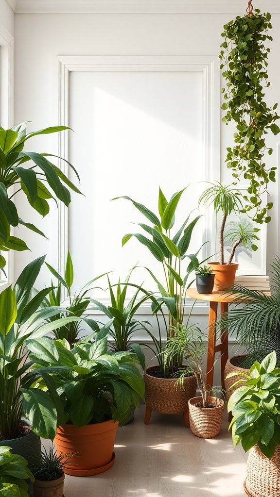 A collection of indoor plants in various pots, showcasing greenery in a bright room.