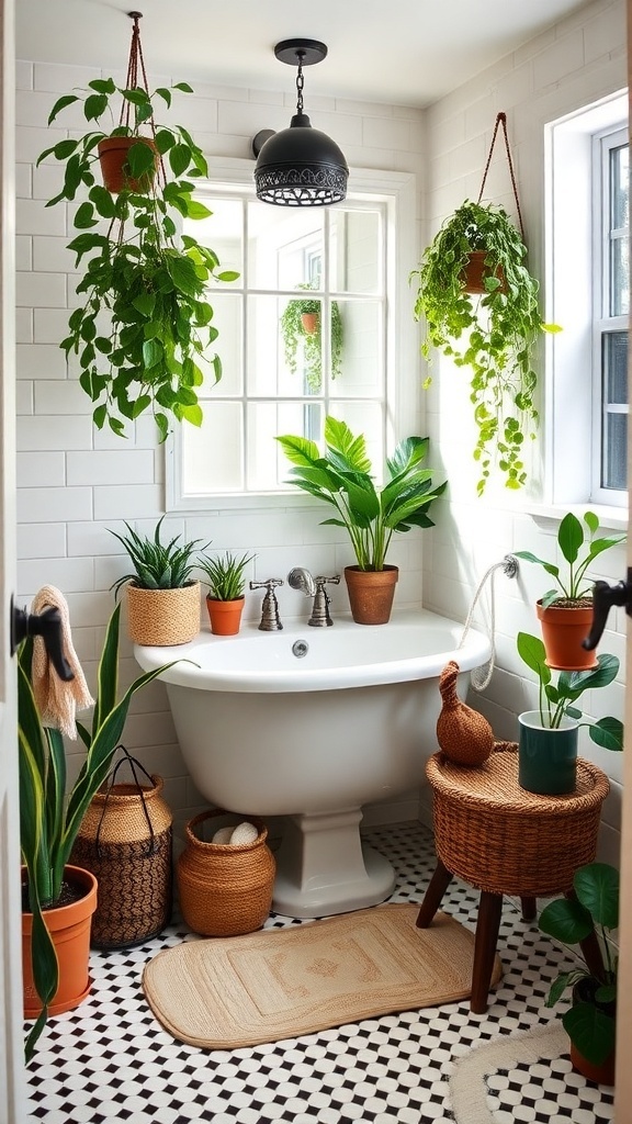 A modern farmhouse bathroom with various indoor plants, including hanging plants and potted greenery.