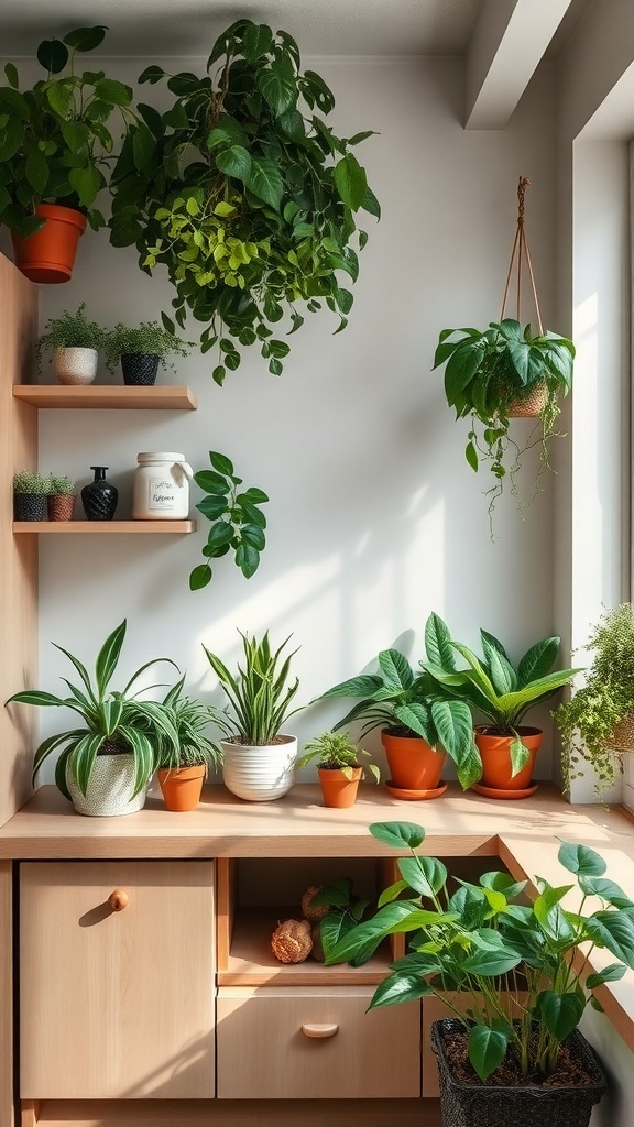 Cozy kitchen nook with various indoor plants and greenery.