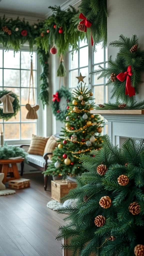 A beautifully decorated Christmas room featuring greenery, a Christmas tree, and festive ornaments.